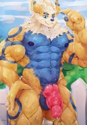 5_fingers abs absurd_res anthro arcanine areola balls bara biceps blue_eyes bodily_fluids claws fingers fishsticker generation_1_pokemon genitals hi_res knot male male_only muscular muscular_anthro muscular_male nintendo nipples pawpads pecs penis pokemon pokemon_(species) smile solo sweat vein veiny_penis