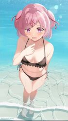 1girls bare_arms bare_back bare_legs bare_midriff bare_shoulders bare_thighs barefoot belly_button bikini bikini_bottom bikini_top black_bikini black_bikini_bottom black_bikini_top blush blushing_at_viewer cleavage doki_doki_literature_club embarrassed female_only hair_ribbon midriff natsuki_(doki_doki_literature_club) navel pink_eyes pink_hair pink_twintails red_hair_ribbon sea seaside small_breasts solo solo_female twintails wet wet_skin