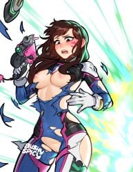 1girls 2d 2d_(artwork) 2d_artwork accidental_exposure areolae big_breasts blush blushypixy blushyspicy bodysuit breasts breasts_out brown_eyes brown_hair d.va drawn ear_blush embarrassed embarrassed_nude_female enf explosion exposed_breasts exposed_pussy eyelashes female female_focus female_only gloves gun hairless_pussy hana_song heavy_blush highres light-skinned_female long_hair medium_breasts nipples no_bra no_panties open_mouth overwatch overwatch_2 pistol plugsuit pussy shaved_pussy solo standing surprised thick_thighs thighs torn_bodysuit torn_clothes torn_clothing vagina waist wardrobe_malfunction