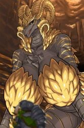 2018 baltan_(artist) big_breasts black_sclera black_skin breasts capcom curly_horn dragon elder_dragon female hi_res huge_breasts hyper_breasts jewelry knight_on_monster kulve_taroth large_breasts looking_at_viewer macro monster_hunter monster_hunter_world necklace non-mammal_breasts scalie solo sparkle thick_thighs video_games voluptuous yellow_eyes