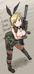 bent_over blonde_hair breasts bunny_ears bunny_girl bunnysuit dutchko exposed_breasts female firearm gloves gun handgun holster human military original_character pale_skin rifle suppressor weapon