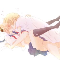 1boy 1girls ambiguous_penetration blush bun_cover class_3-z closed_eyes clothed_sex female gintama kagura_(gintama) kissing kneehighs male missionary_position motion_lines official_alternate_costume okita_sougo on_back on_bed pussy_juice school_uniform serafuku socks sweat whitegiantpanda