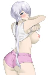 1girls areolae armpits artist_name ass blue_eyes blush brid_(nikke) byeon_dha clothed clothes_lift cowboy_shot from_behind goddess_of_victory:_nikke hairclip large_breasts looking_at_viewer nipples no_bra pink_shorts seductive_smile short_shorts shorts smile tank_top tied_hair white_background white_hair white_tank_top