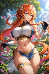 1girls 2023 abs ai_generated anime_nose bare_legs bare_midriff big_breasts blue_clothing blue_eyes blue_highlights blue_sky clothed clothed_female curvy curvy_female curvy_figure earrings female female_only flowers flowers_in_hair gloves gold_clothing gold_jewelry hi_res high_resolution hourglass_figure human_female human_only large_breasts long_hair long_hair_female looking_at_viewer orange_hair orange_hair_female ornate_clothing outside pink_hair pink_highlights sole_female solo_female solo_focus stable_diffusion underwear voluptuous voluptuous_female white_clothing