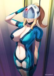 1girls blonde_hair blue_eyes brainwashing breasts female haryudanto helmet large_ass large_breasts lips metroid midriff mind_control navel revealing_clothes samus_aran solo tagme thick_thighs wide_hips