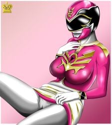 alluring breasts emma_goodall eri_(goseiger) female female_focus gosei_pink helmet helmet_lips highres legs pink_ranger pink_theme power_rangers power_rangers_megaforce power_rangers_super_megaforce queen_vegeta_69 saban_entertainment sitting solo super_sentai tensou_sentai_goseiger