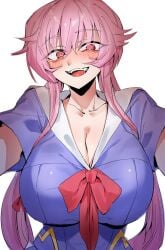 anime_style blush cleavage gasai_yuno heart-shaped_pupils huge_breasts mirai_nikki ningensei school_uniform schoolgirl sharp_teeth solo_female yandere