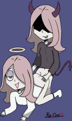 1futa 1girls all_fours bad_anatomy clothed clothing doggy_style duo female female_penetrated fucked_from_behind fucked_silly futa futa_on_female futanari girly huge_cock humanoid kneeling little_witch_academia pale-skinned_female pale_fur pale_skin partially_clothed purple_hair red_eyes redoma32 sex shemale sucy_manbavaran