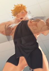 1boy apron bangs bara black_apron blonde_hair blush bulge erection erection_under_clothes gay granblue_fantasy green_eyes higashigunkan large_pectorals male_focus muscular muscular_male naked_apron nipple_tweak nipples one_eye_closed open_mouth pectorals short_hair thighs translation_request vane_(granblue_fantasy) yaoi