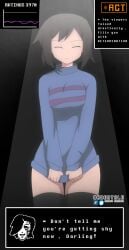 1girls aged_up bottomless breasts casual casual_exposure casual_nudity clothed clothing dialog dialogue dialogue_box english_text female female_focus female_frisk female_human frisk human livestream mettaton mettaton_ex no_panties partially_clothed public_nudity solo_focus sweater sweater_tug text text_box thighhighs topwear undertale undertale_(series) zukafu_shimoto