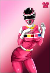 1girls alluring breasts cassie_chan covered_erect_nipples female highres large_breasts legs pink_ranger pose power_rangers power_rangers_in_space queen_vegeta_69 saban_entertainment solo