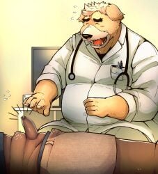 2023 5_fingers anthro arufina_w belly big_belly blush bottomwear canid canine canis censored closed_eyes clothed clothing doctor domestic_dog duo erection genitals hi_res kemono laugh male mammal medical_instrument overweight overweight_male pants partially_clothed penis scientific_instrument shirt shorts shorts_down sitting small_penis stethoscope topwear