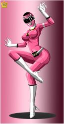 1girls absurdres alluring boots breasts cassie_chan full_body helmet_lips high_heel_boots high_heels highres large_breasts legs pink_ranger power_rangers power_rangers_turbo queen_vegeta_69 saban_entertainment white_footwear white_heels