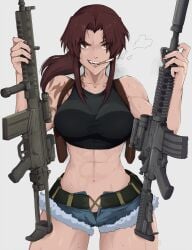 1girls abs big_breasts black_lagoon female female_only fully_clothed gun guns looking_at_viewer muscles muscular_back muscular_female open_pants partially_clothed revy smoking solo thick thick_thighs yoracrab