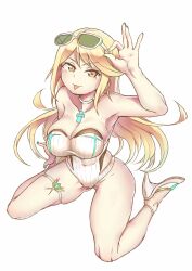 1girls blonde_hair breasts choker core_crystal high_heels large_breasts long_hair looking_at_viewer mythra nintendo one-piece_swimsuit strapless strapless_swimsuit sunglasses sunglasses_on_head swimsuit thigh_strap togin tongue tongue_out wariza white_one-piece_swimsuit white_swimsuit xenoblade_(series) xenoblade_chronicles_2 yellow_eyes