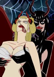 black_maria blonde_hair blood breast_grab breasts brown_hair defeated demoness demonio_fleur devil_girl devil_horns devil_robin dominant_female domination faintdrawing_(artist) female female_only hana_hana_no_mi horns huge_breasts nico_robin one_piece pre-timeskip spider_girl spider_web