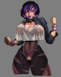 1girls alternate_breast_size big_hero_6 bimbo body_writing bursting_breasts disney female female_only gogo_tomago huge_breasts huge_nipples human large_areolae marvel marvel_comics purple_eyes purple_hair short_hair solo tight_clothing weakj