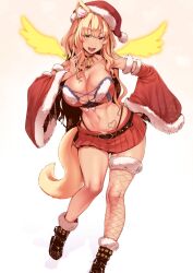 1girls animal_ears blonde_hair breasts christmas_hat christmas_outfit fate/extra_ccc fate/grand_order fate_(series) gyaru heart_tattoo large_breasts looking_at_viewer miniskirt nakamura_regura skirt suzuka_gozen_(fate) tagme tail tan tanned_female tattoo tong