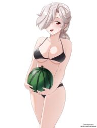 1girls big_breasts bikini bikini_bottom bikini_top black_bikini blush brawl_stars colette_(brawl_stars) light-skinned_female light_skin long_hair open_mouth orexovayapasta_(artist) red_eyes supercell thick_thighs tongue watermelon white_background white_hair