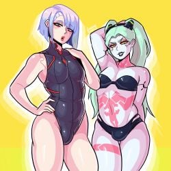 2023 2boys 2femboys bikini black_lipstick bob_cut bulge bulge_through_clothing cd_projekt_red crossdressing cybernetics cyberpunk:_edgerunners cyberpunk_2077 femboy femboy_only green_hair green_skin latex_bodysuit leotard lipstick loggus_doggus lucyna_kushinada male male_only rainbow_hair rebecca_(edgerunners) red_eyes rule_63 shiny_clothes simple_background studio_trigger twintails yellow_background