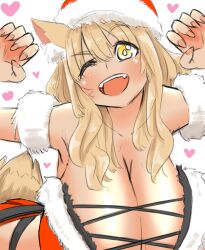 1girls armpits blush breasts cleavage fate/extra_ccc fate/grand_order fate_(series) female fox_girl heart huge_breasts kemonomimi looking_at_viewer one_eye_closed orca12 smile solo suzuka_gozen_(fate) suzuka_gozen_(santa)_(fate) tagme yellow_eyes