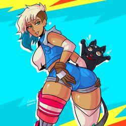 808_(hi-fi_rush) ass_focus ass_grab blonde_hair blue_hair booty_shorts cybernetic_limb cybernetics feline hi-fi_rush jacket large_ass loggus_doggus peppermint_(hi-fi_rush) robot_leg shorts side_shave tanned tanned_female tanned_skin