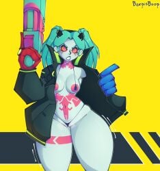 barely_clothed beepisboop big_hips bottom_heavy casual clothing coat cyberpunk:_edgerunners cyberpunk_2077 female firearm gun human outerwear pale_skin rebecca_(edgerunners) revealing_clothes shotgun showing_off thick_thighs thong weapon