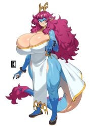 1girls anthro blue_body chinese_clothes cleavage countershading dragon dragon_horns dragon_humanoid dragon_tail dress female female_only hongli_(thehelmetguy) horns huge_breasts humanoid long_hair looking_at_viewer original pink_eyes pink_hair pointy_ears smiling smiling_at_viewer solo tail tail_tuft thehelmetguy thick_thighs very_high_resolution white_background