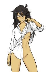 ahoge bedroom_eyes black_hair bottomless breasts cassandra_(spicymancer) casual clothing dress_shirt female human lifting_shirt long_hair lustful_gaze messy_hair naked_shirt naked_under_clothes pale_skin spicymancer sultry_eyes tan_body tan_skin underboob