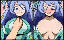 1girls assisted_exposure big_breasts blue_eyes blue_hair blush breasts embarrassed exposed_breasts female female_only hadou_nejire hadou_nejire_(hero_outfit) hero_outfit_(mha) long_hair mark_gavatino my_hero_academia nejire_hado nejire_hado_(hero_outfit) smile unzipped unzipped_bodysuit upper_body