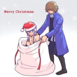 1boy 1girls 3mm christmas cleavage clothed_male_nude_female cold female full_body gintama glasses hair_over_one_eye hattori_zenzou in_container japanese_clothes long_hair lowres male ninja nude_female official_alternate_costume purple_hair sack santa_hat sarutobi_ayame shivering trembling