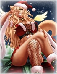 1girls breasts christmas christmas_hat christmas_outfit crossed_legs dark-skinned_female fate/extra_ccc fate/grand_order fate_(series) female female_only hat huge_breasts looking_at_viewer one_eye_closed red_nails ryusuke_kh_(ryusuke_kyte_hagane) solo suzuka_gozen_(fate) suzuka_gozen_(santa)_(fate) tagme tan-skinned_female tan_skin v wink yellow_eye