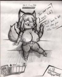 1boy 1girls 2d anthro areola big_breasts black_and_white bottomwear breasts buck_(paladins) camel_toe canid canine clothed clothing dialogue english_text female fluffy fluffy_tail fox genitals graphite_(artwork) greyscale headgear headphones hi_res hud looking_at_viewer mammal monochrome nipples paladins pants pencil_(artwork) salt_(paladins) simple_background sitting smile solo speech_bubble tail text tight_clothing topless traditional_media_(artwork) voy_barranca_abajo