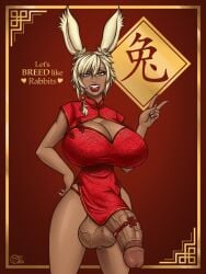 1futa animal_ears balls big_balls blonde_hair bottomless breasts cheongsam china_dress cleavage clothed clothing dark-skinned_futanari dark_skin final_fantasy final_fantasy_xiv flaccid flaccid_penis futa_only futanari green_eyes huge_breasts huge_cock humanoid humanoid_penis hyper_penis kemonomimi looking_at_viewer lunar_new_year mostly_clothed penis rabbit_ears rabbit_humanoid raiounsfw short_hair solo standing veiny_penis veiny_testicles viera