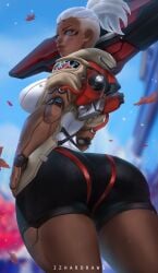 1girls 2d ass ass_focus big_ass blizzard_entertainment blue_eyes dark-skinned_female dark_skin female_only huge_ass izhardraws overwatch overwatch_2 prosthetic sojourn_(overwatch) thick_thighs white_hair