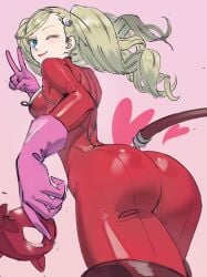 1girls ann_takamaki ass ass_focus atlus big_ass big_butt blonde_female blonde_hair blue_eyes breasts butt_focus catsuit clothing danganronpa dat_ass female female_focus female_only heart high_heel_boots human leather light-skinned_female mask monokuma pale-skinned_female pale_skin peace_sign persona persona_5 phantom_thief_suit pink_background pink_gloves poechan posing rear_view red_clothing sega smile smiling solo solo_female solo_focus standing straight_hair tail thick_ass thick_thighs twintails wink winking yellow_hair