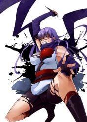 52ikaros arm_up armor bare_shoulders big_breasts bike_shorts boots clenched_teeth crouching elbow_gloves female female_only fingerless_gloves full_body gintama glasses gloves hi_res japanese_clothes kunai kunoichi long_hair ninja obi purple_eyes purple_hair red-framed_glasses sarutobi_ayame scarf solo torn_clothes underboob weapon