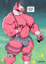 abs anthro big_muscles big_pecs big_penis bulge daisy_dukes duct_tape english_text fortnite fortnite:_battle_royale gay llama lt._john_llama male male_only mammal musclegut muscles muscular muscular_male nipples pantheradraws pecs solo solo_male suspenders talking_to_viewer taped_nipples thighs topless video_games