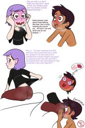 2girls amity_blight ass brain english_text female female_only heart_eyes luz_noceda multiple_girls naked_female p1g30n_g1rl purple_hair red_face red_pants shocked_face showing_off_ass smiling smiling_at_another sniffing_ass text the_owl_house