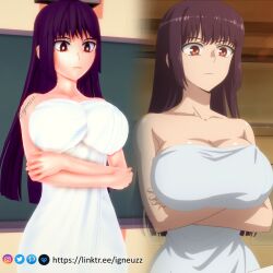 1girls big_breasts breasts cleavage clothed clothing curvy female female_focus female_only hi_res highres huge_breasts igneuzz long_hair nude nude_female please_don't_bully_me,_nagatoro president_(nagatoro) purple_hair red_eyes revealing_clothes sana_sunomiya simple_background solo towel towel_only wide_hips