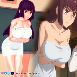 1girls big_breasts breasts cleavage clothed clothing curvy female female_focus female_only hi_res highres huge_breasts igneuzz long_hair nude nude_female please_don't_bully_me,_nagatoro president_(nagatoro) purple_hair red_eyes revealing_clothes sana_sunomiya simple_background solo towel towel_only wide_hips