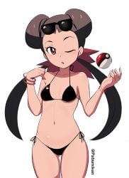 1girls arms_up bikini black_bikini blush bracelet brown_hair clothes double_bun gym_leader hairbun light_skin long_hair navel one_eye_closed open_mouth pabsmikan petite pokeball pokeball_print pokemon pokemon_rse red_eyes red_ribbon ribbon roxanne_(pokemon) roxanne_(pokemon_oras) small_breasts solo standing sunglasses sunglasses_on_head swimsuit thigh_gap twintails watermark white_background