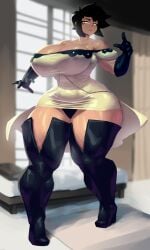 1girls breasts cleavage clothed clothing dress female female_only fully_clothed gloves high_heel_boots high_heels hourglass_figure huge_breasts huge_hips human light-skinned_female light_skin noonun powerslamming solo standing thick_thighs thigh_boots tight_clothing wide_hips