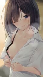 1girls black_hair looking_at_viewer nipples one_breast_out one_eye_closed purple_eyes ramchi short_hair smile tongue_out