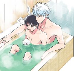 2boys age_difference bath bathing bathroom bathtub black_hair blush chima_mog completely_nude femboy gay gintama gintoki_sakata girly male male_only nude older_man_and_younger_boy partially_submerged shimura_shinpachi sitting_on_lap steam teen_boy teenager water white_hair yaoi