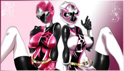 2girls alluring belt breasts hayley_foster_(power_rangers) helmet highres igasaki_fuuka legs momochi_kasumi momoninger multiple_girls pink_ranger pose power_rangers power_rangers_ninja_steel power_rangers_super_ninja_steel queen_vegeta_69 saban_entertainment sarah_thompson shironinger shuriken_sentai_ninninger super_sentai