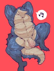 anthro ball biped blue_body crocodilian genitals half-erect hands_behind_head hi_res looking_at_viewer male muscular musical_note navel penis red_sclera reptile scalie solo tan_body zi_ran