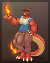 4_fingers anthro aradortd biped charmeleon claws clothed clothing countershade_tail countershading elemental_manipulation fingers fire fire_manipulation flaming_tail generation_1_pokemon hi_res hyper male muscular muscular_anthro muscular_male nintendo pokemon pokemon_(species) red_body solo tail