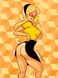 1girls atomickingboo blonde_hair original_character phone sarah_mcneil selfie shirt skirt_lift smile solo underwear yellow_theme