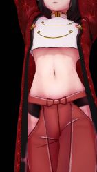 1boy 1femboy 3d artist_request belly_button black_hair crop_top femboy japanese_clothes male midriff navel original_character source_request